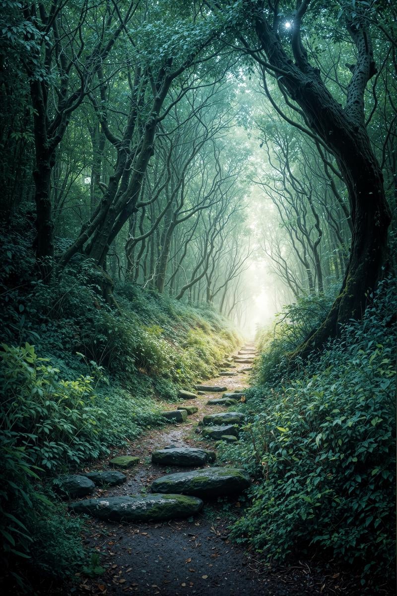 古木が作る緑のトンネル小道の写真