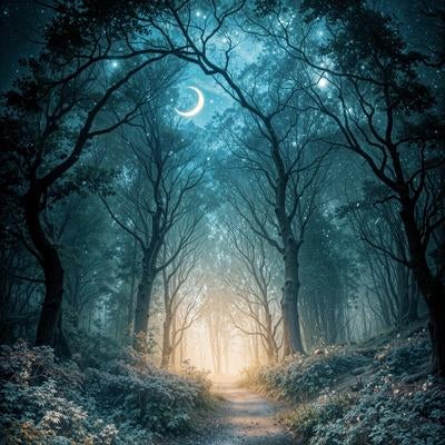 森の小径と三日月の夜景の写真