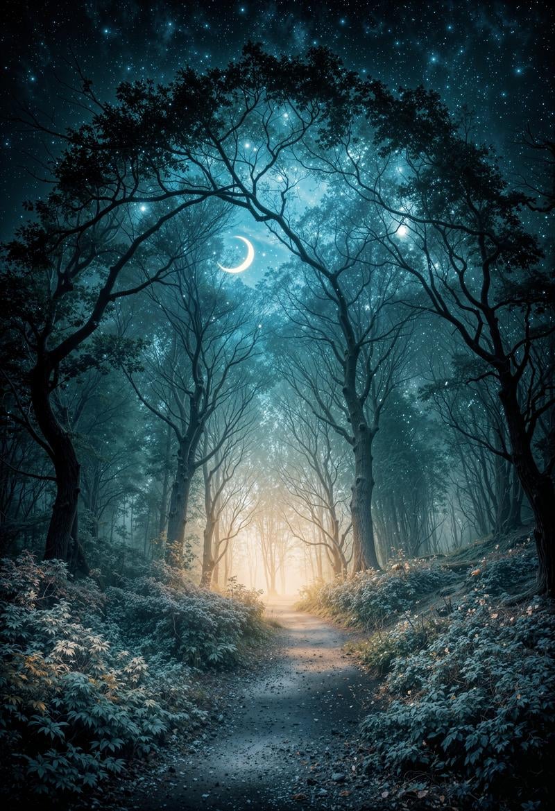 森の小径と三日月の夜景の写真
