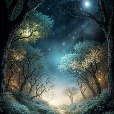 満天の星空に包まれた幻想的な森の小径と光る樹木の写真