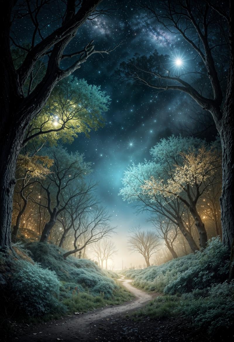 「満天の星空に包まれた幻想的な森の小径と光る樹木」の写真