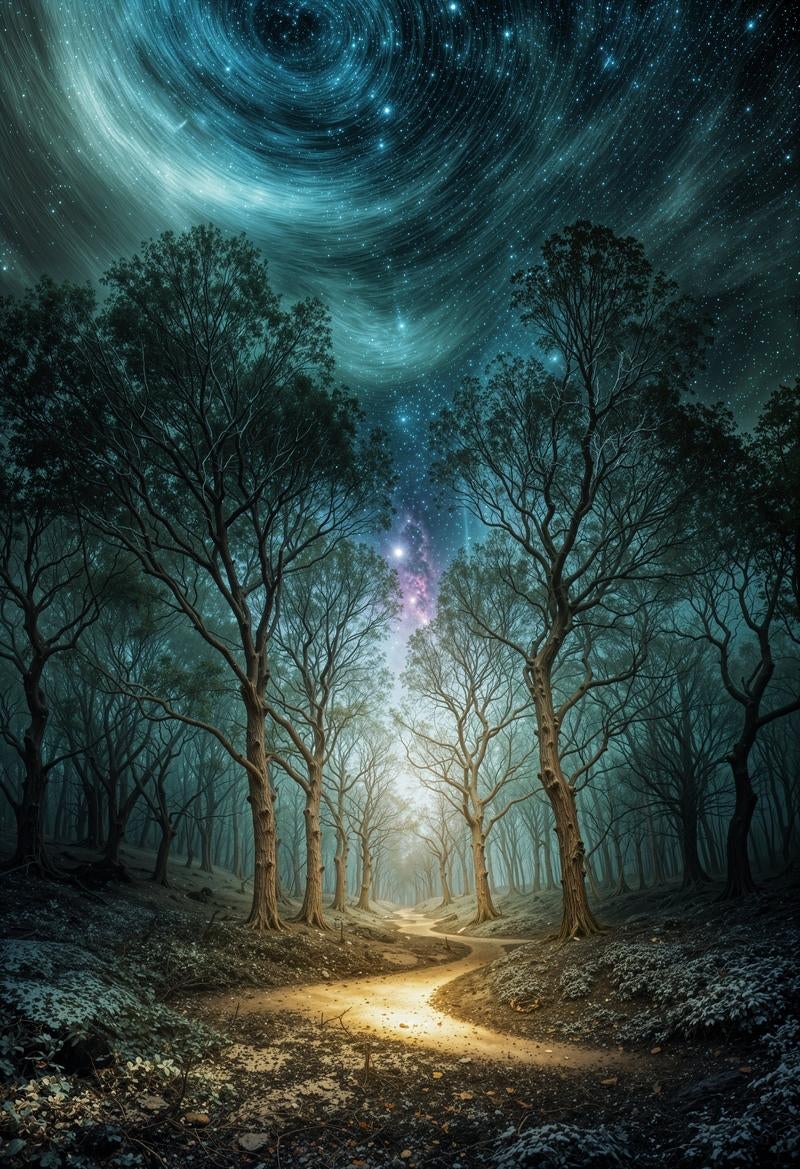 輝く幻想的な森の夜道と星座の軌跡の写真