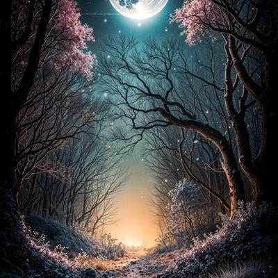 満月と桜咲く夜の森の小径の素材