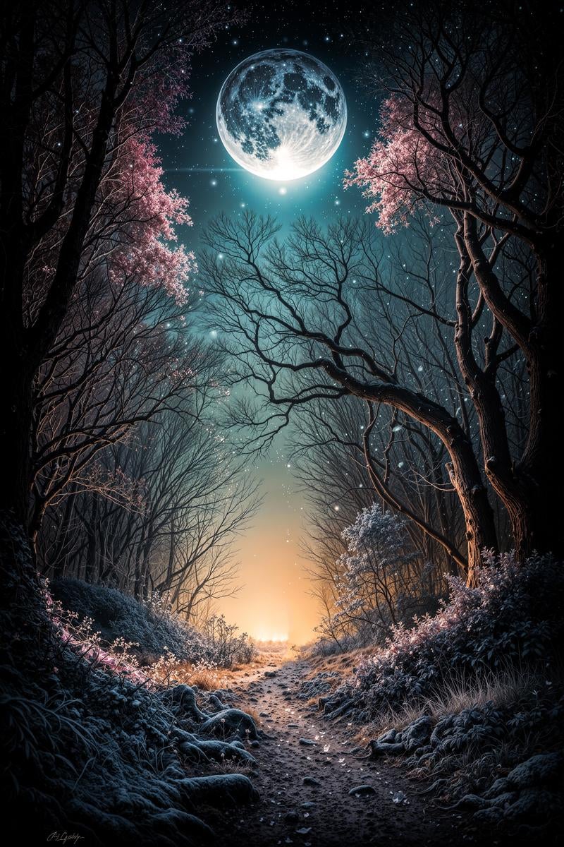 「満月と桜咲く夜の森の小径」の写真
