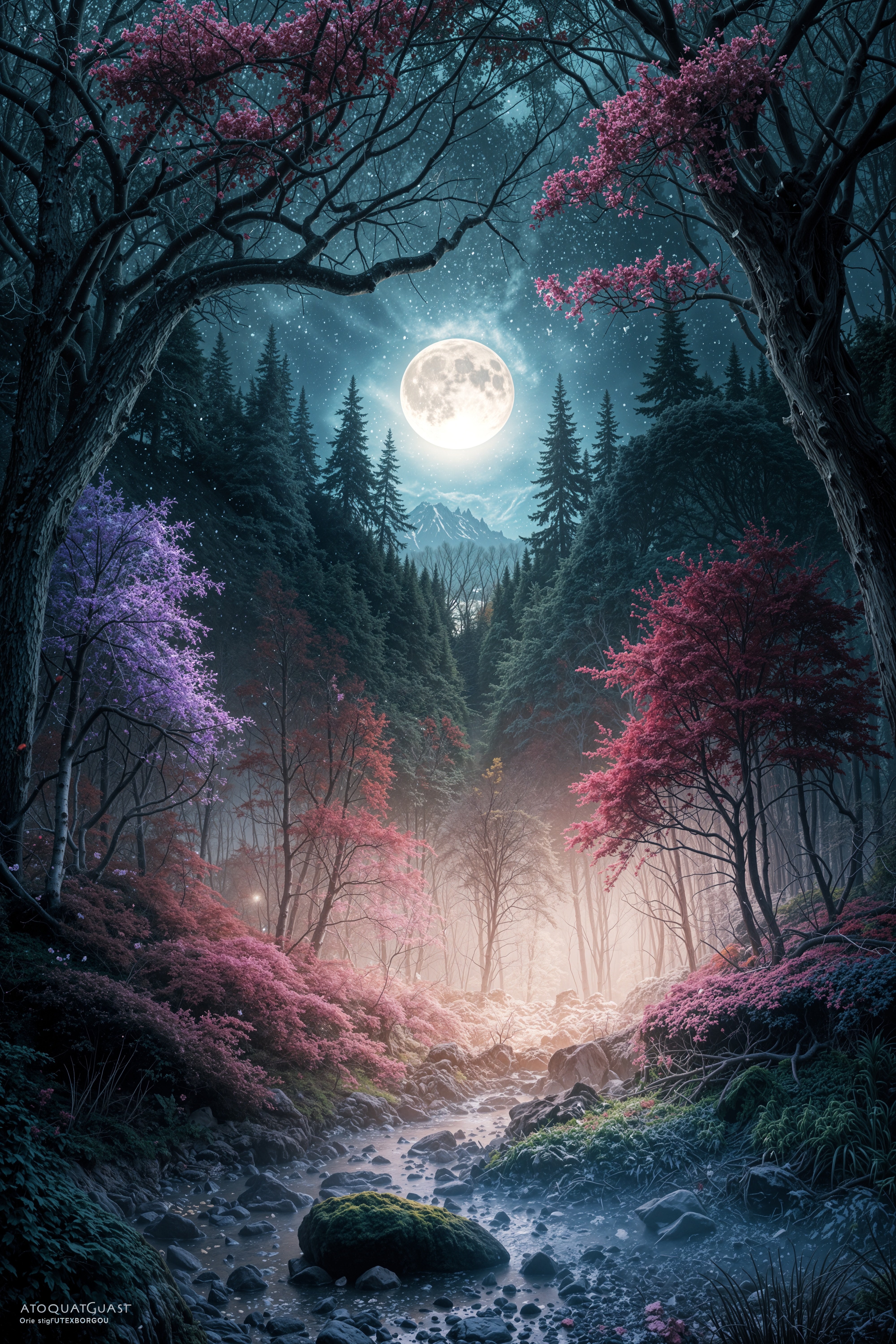 満月と桜咲く幻想的な森の小川の無料のAI画像素材 - ID.95978｜フリー