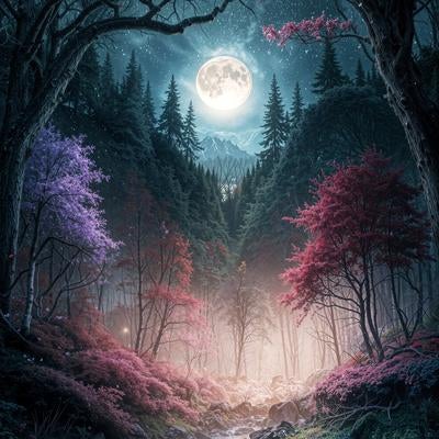 満月と桜咲く幻想的な森の小川の素材