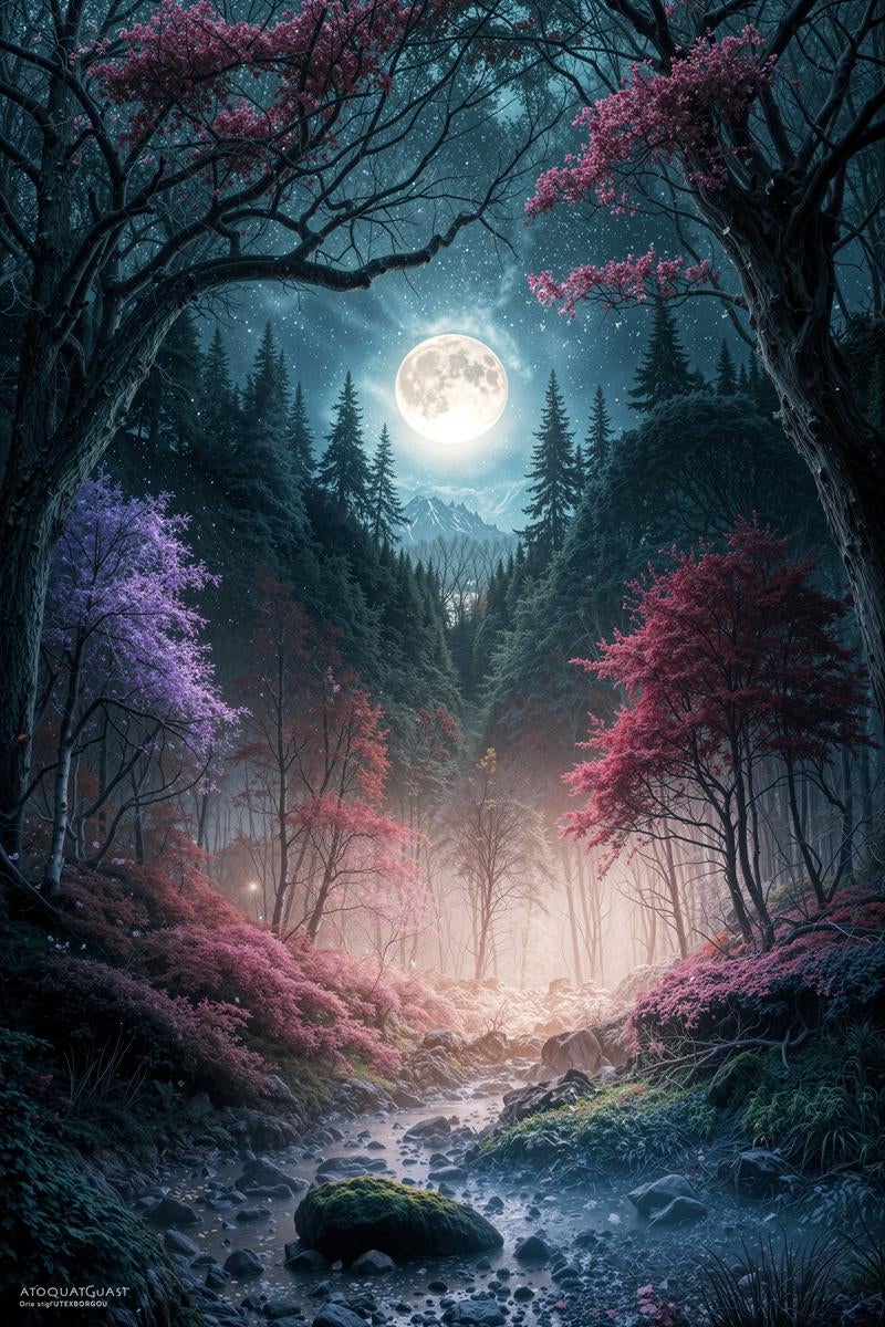 「満月と桜咲く幻想的な森の小川」の写真