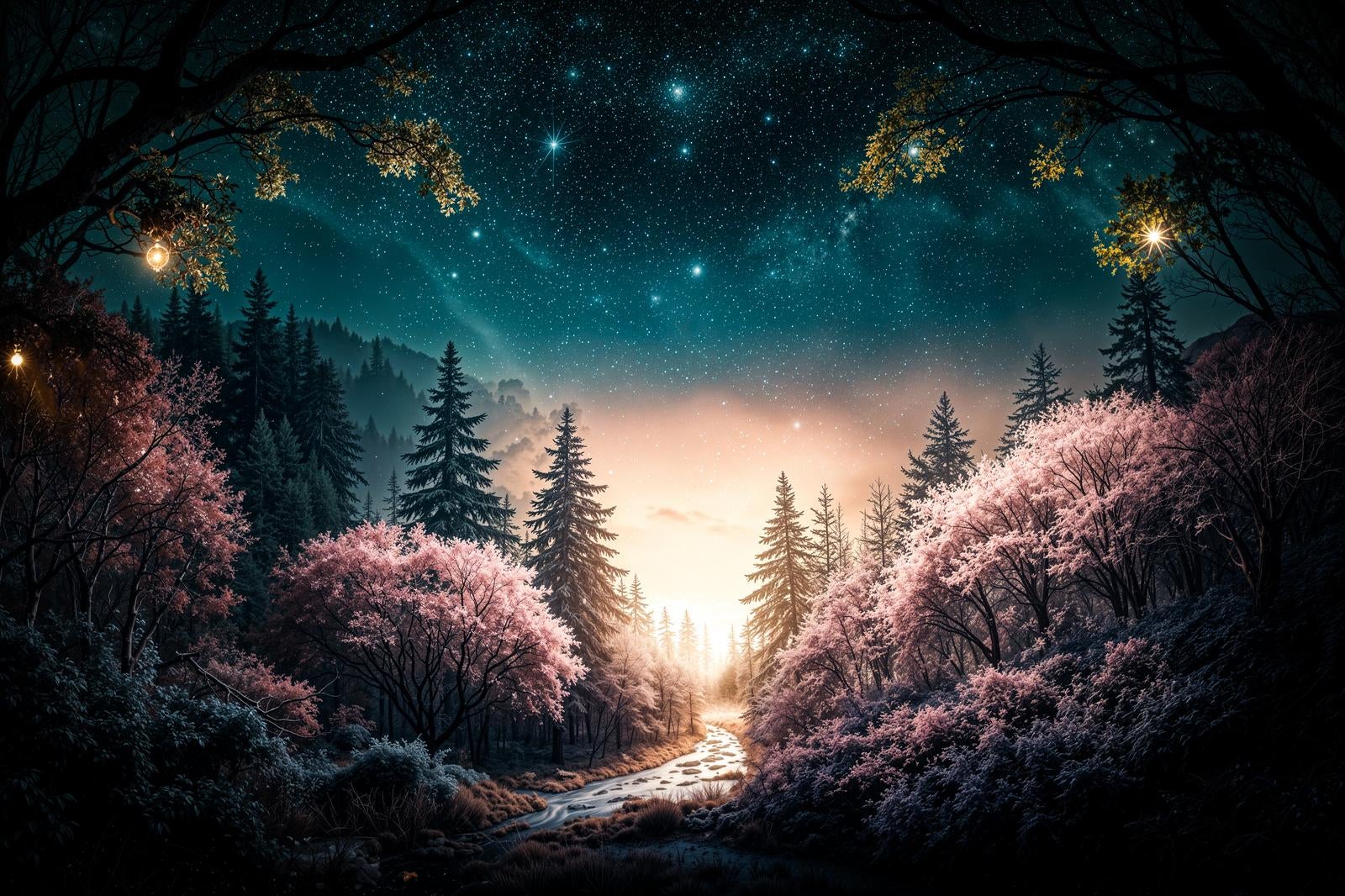 A night forest where a stream surrounded by fully bloomed cherry blossoms (Sakura) and conifers flows toward the light in the distance, under a starry sky filled with countless stars (Mantenno hoshi)