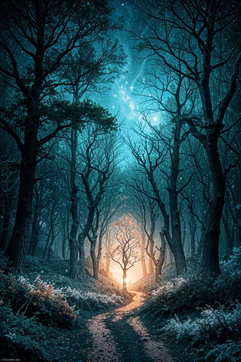 星空の下で青緑色に光る森の小径と奥に見える温かな光