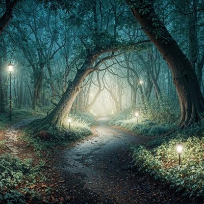 薄暗い森の小道を照らす街灯の夜景の写真