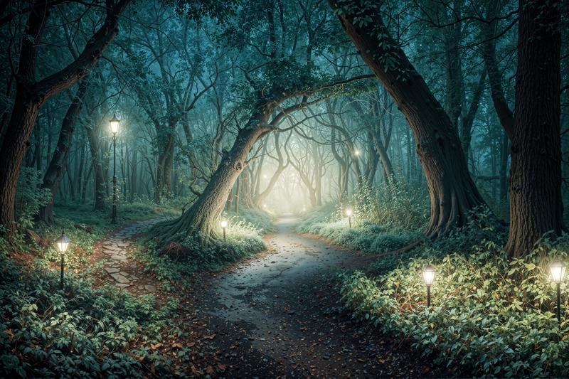 薄暗い森を照らす街灯の光の写真