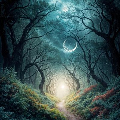 三日月が照らす森の小道を上から見下ろした夜の風景の写真