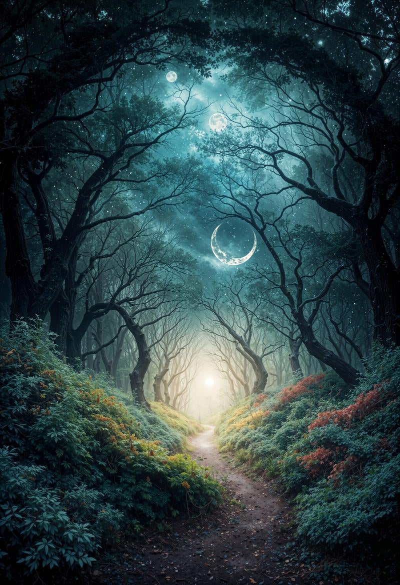 「三日月が輝く幻想的な森の小径」の写真