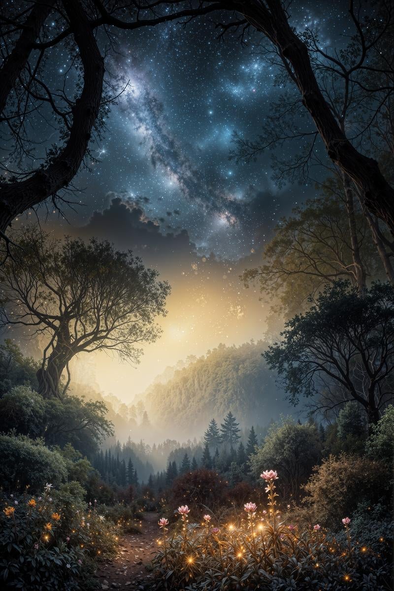 天の川と星が輝き、光る花が咲く森の夜景