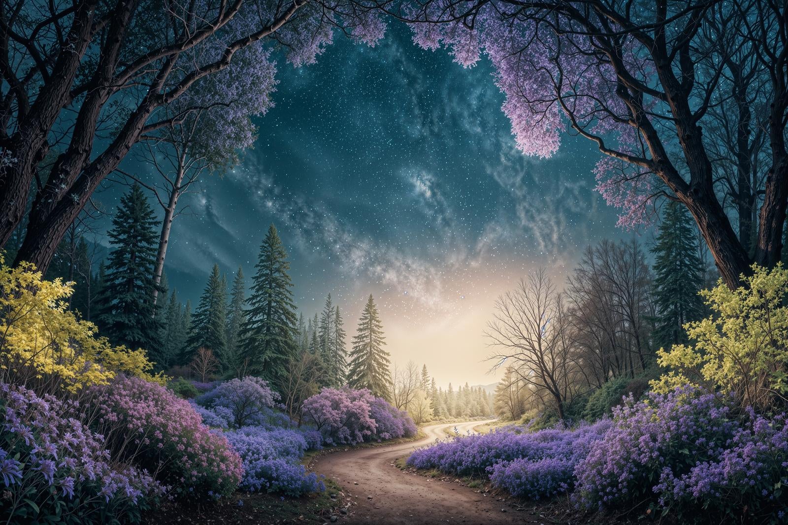 A fantasy landscape featuring a forest path lined with blooming purple flowers, with the Milky Way (Amanogawa) and a starry night sky spreading across the canopy above