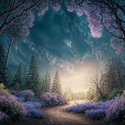 星空と花が咲く森の小道の写真