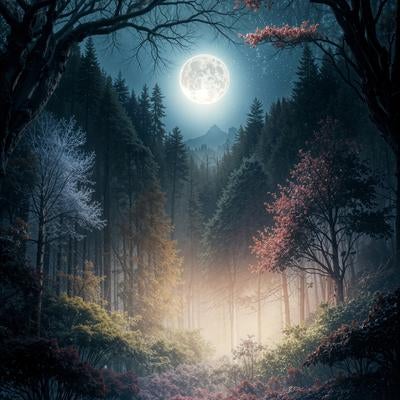 月夜に浮かび上がる満月と紅葉の写真