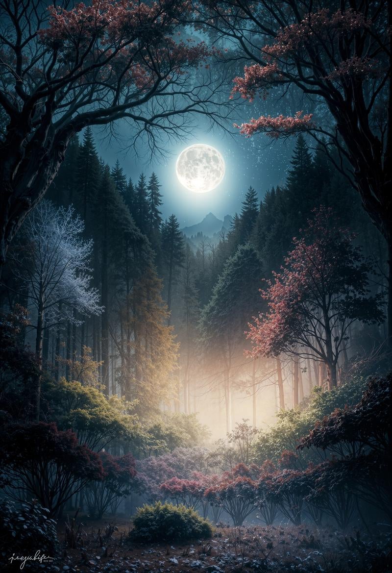 月夜に浮かび上がる満月と紅葉の写真