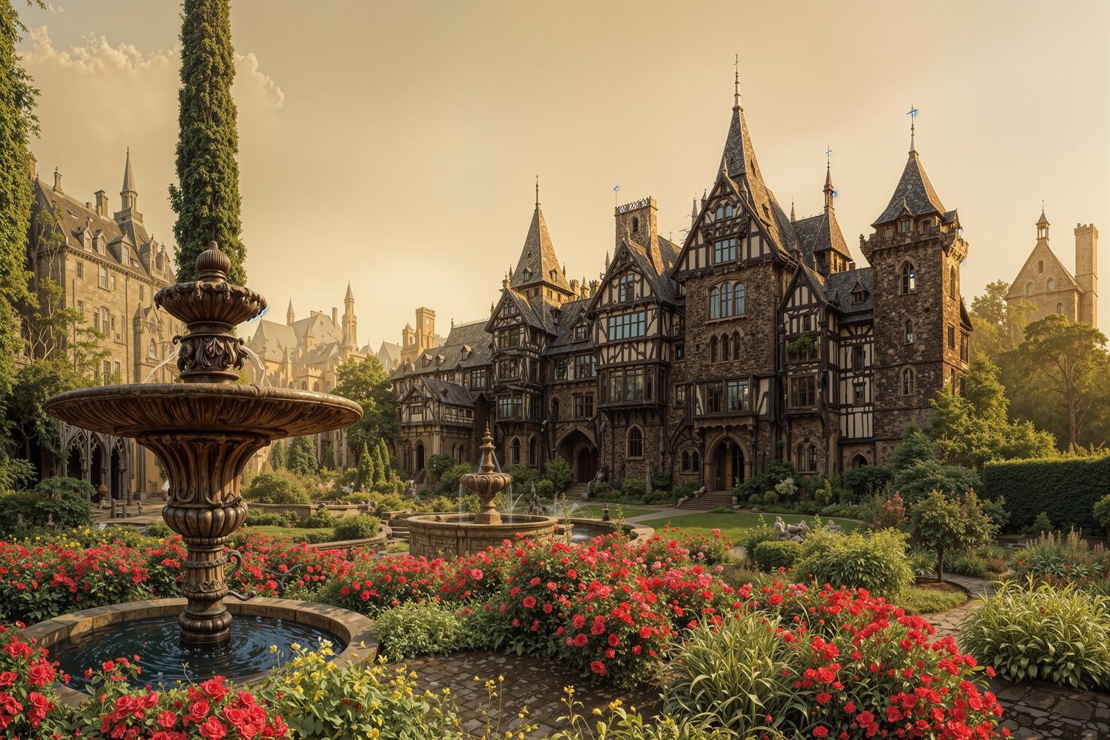 「中世ヨーロッパ風の古城と噴水庭園」の写真