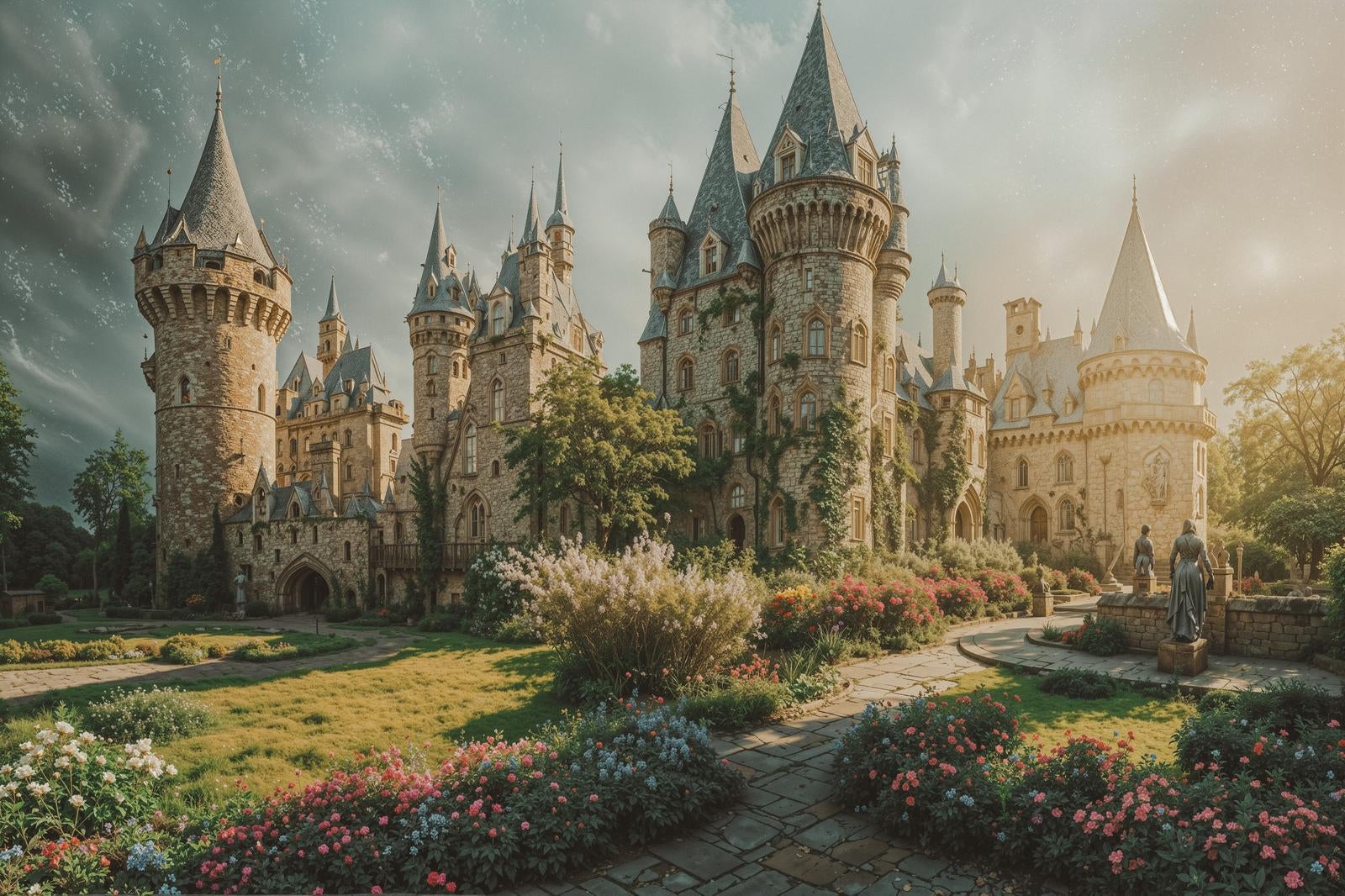 「美しい花壇が広がる中世の古城」の写真