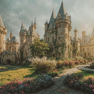 美しい花壇が広がる中世の古城の写真