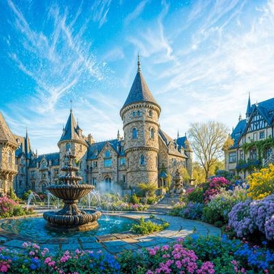 青空とおとぎ話の城、幻想的な庭園の写真