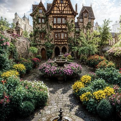 木組みの建物に囲まれたヨーロッパ風の中庭と噴水の写真