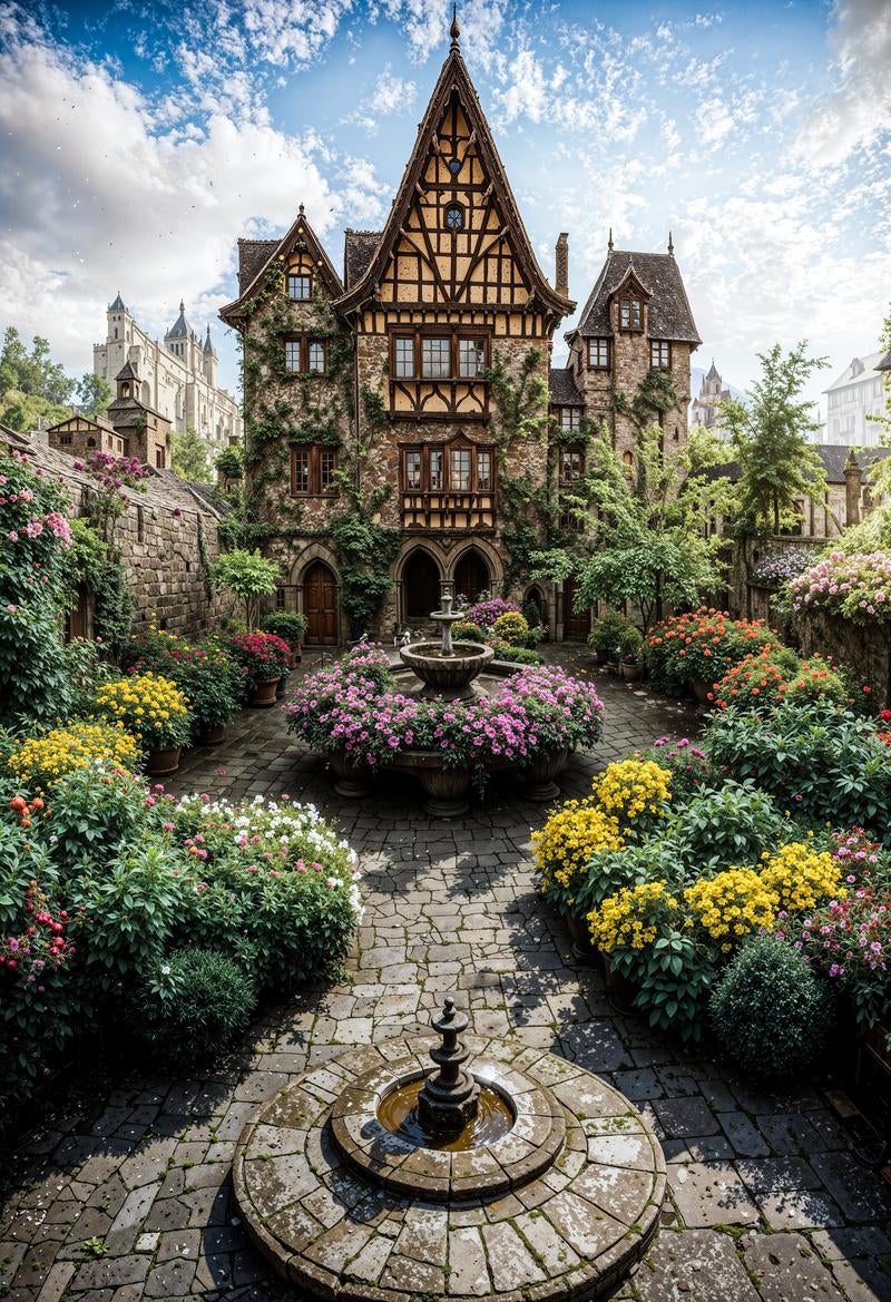 Beautiful Medieval European-Style Courtyard with Stone Fountain Surrounded by Colorful Blooming Flowers
