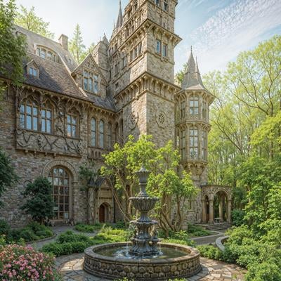 古城中庭に佇む美しい噴水と緑豊かな庭園風景の写真