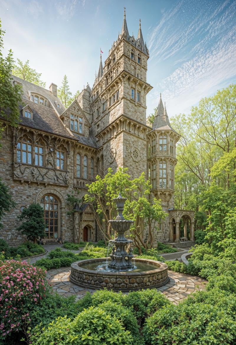 Beautiful Fountain and Lush Garden Landscape in a European Castle Courtyard