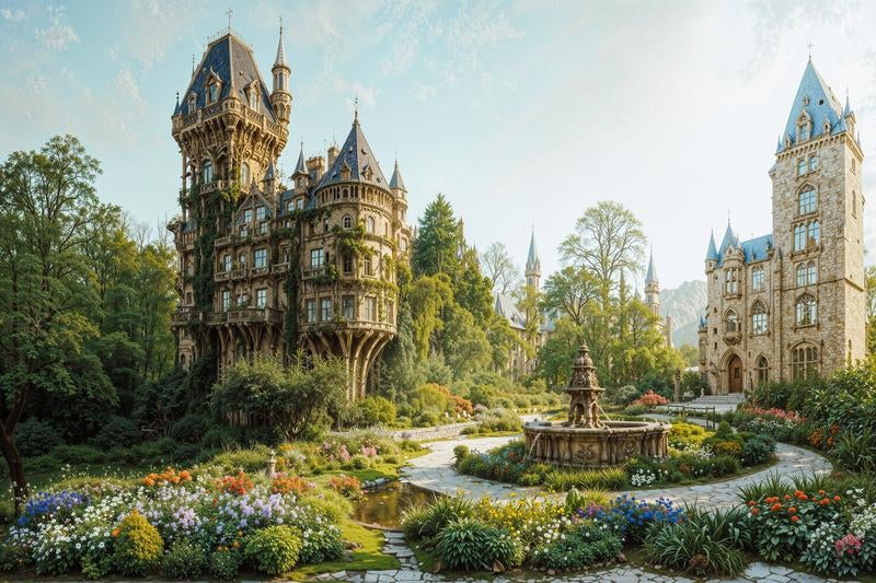 尖塔と石造りの壁が特徴的古城群の中庭の写真