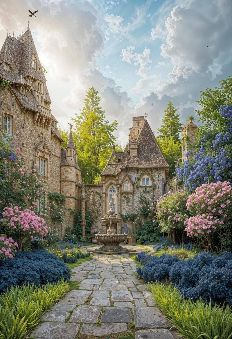 ヨーロッパ風古城の中庭、花咲く庭園と石造りの噴水景観の写真