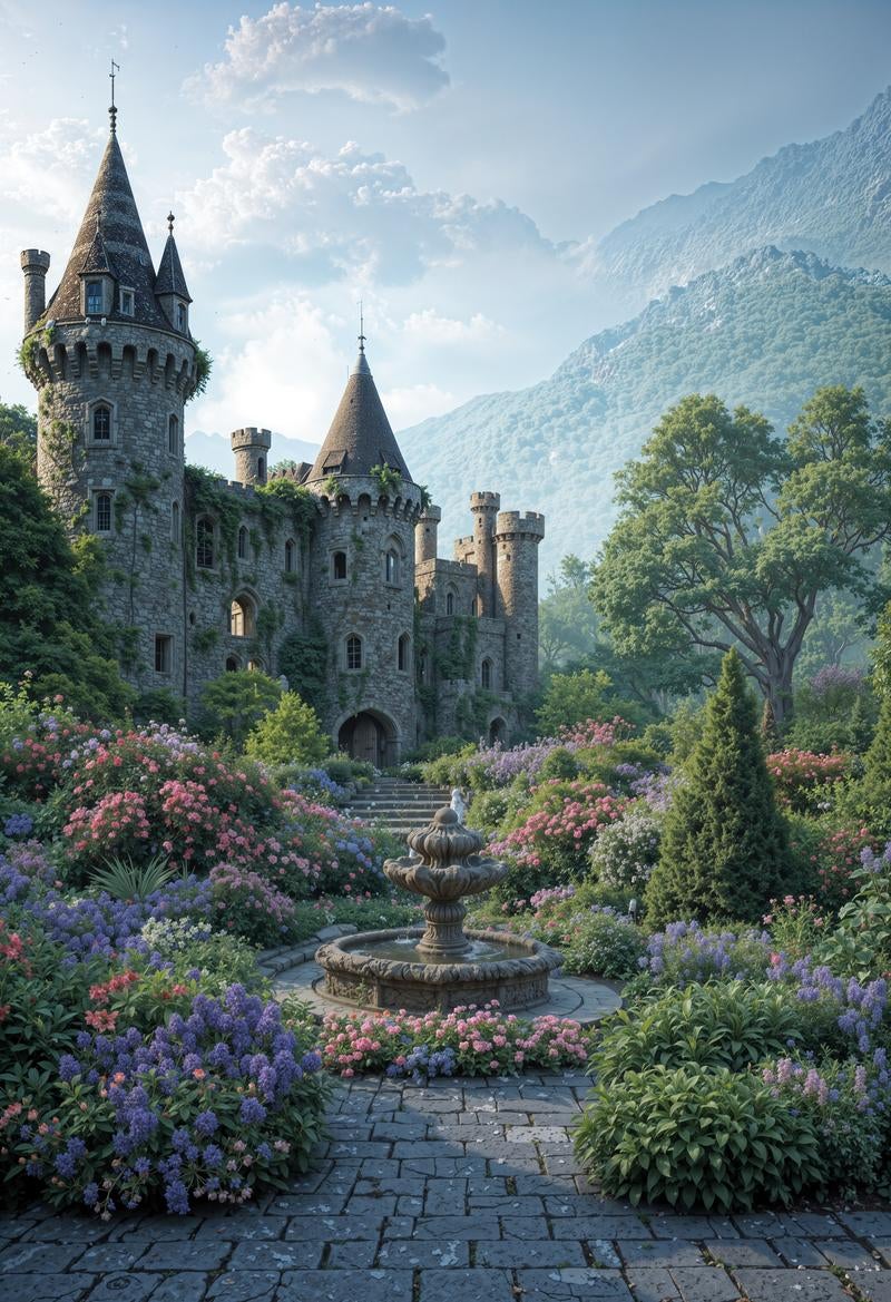 山々に囲まれた中世風古城と花咲く庭園の噴水の写真