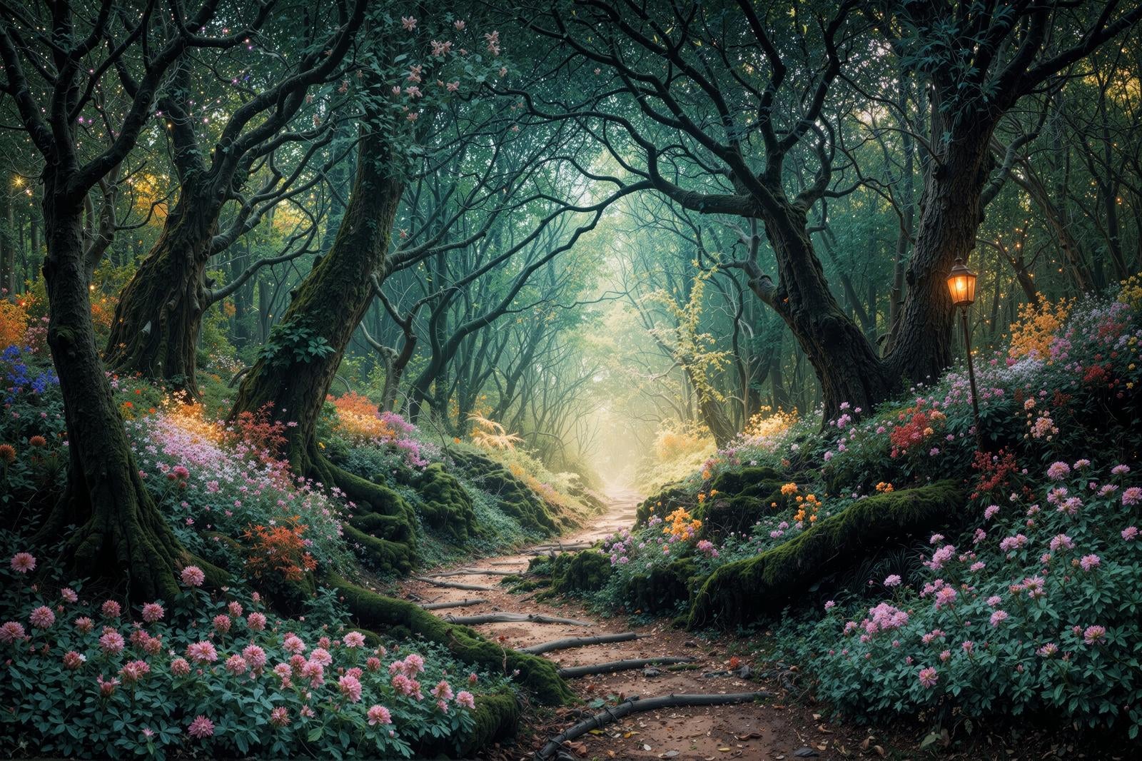 ピンク色の花が咲く森の小道を街灯が照らすファンタジー風景