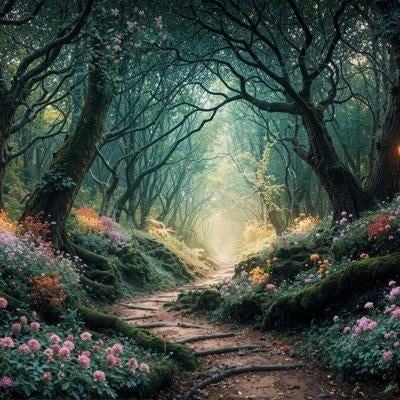 花咲く森の小道を照らす街灯の光｜石畳の自然トンネルの写真