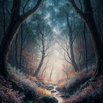 星空が輝く夜の森を流れる小川と秋の風景、紅葉が映るの写真