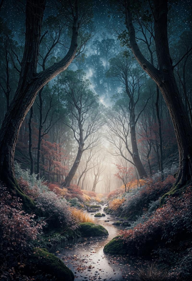 星空が輝く夜の森を流れる小川と秋の風景、紅葉が映るの写真