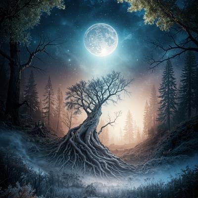 月光に照らされた神秘的な大樹の写真