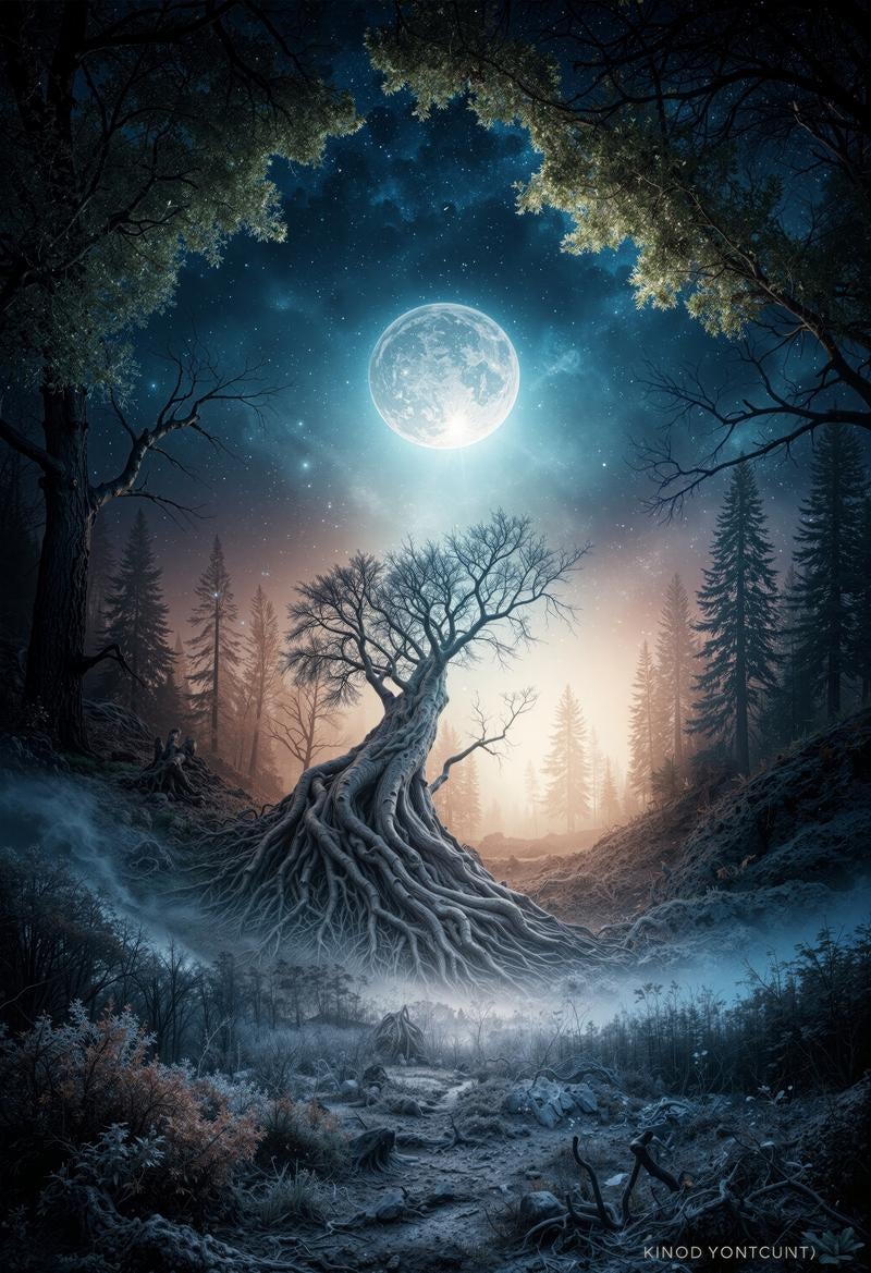 「月光に照らされた神秘的な大樹」の写真