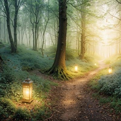 朝霧漂う森の小道とランタンが灯す光と木漏れ日の写真