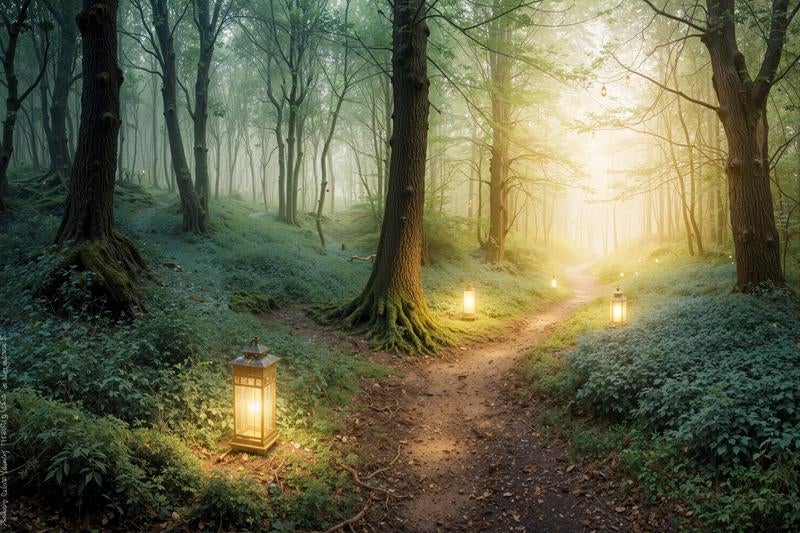 朝霧漂う森の小道とランタンが灯す光と木漏れ日の写真