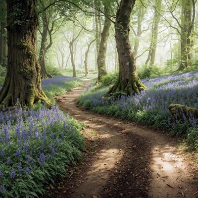 青紫のブルーベル咲く森の散歩道、苔むした大木と新緑の林道の写真