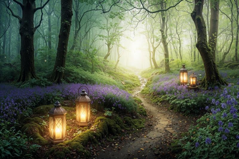 紫の花咲く森の小道を照らす温かいランタンの光の写真