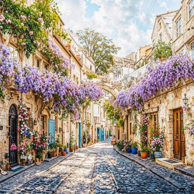 紫色の花が満開に彩っている石造りの建物が並ぶ小道の写真