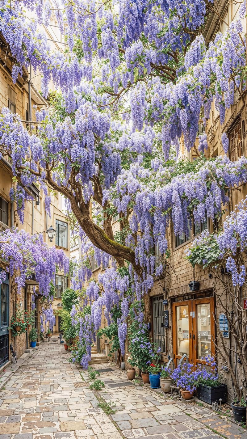 石畳の路地に咲き誇る藤の花と古い町並みの写真