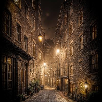 夜の静寂に包まれた石畳の路地裏の写真