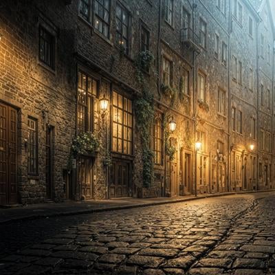 優しい光に包まれた落ち着いたヨーロッパ風の路地裏の風景の写真