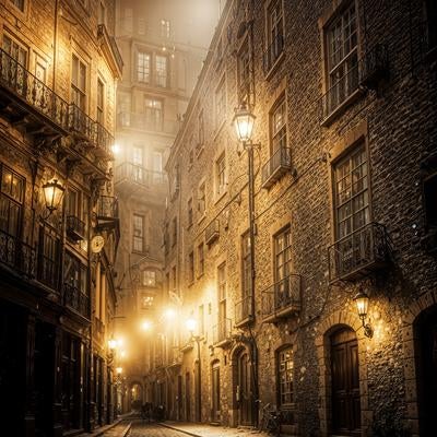 霧がかかる中世風の建物が立ち並ぶ石畳の路地の写真