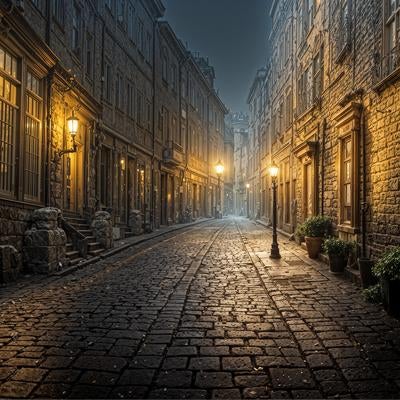 石造りの建物が両脇に並ぶ静かな石畳の路地の写真