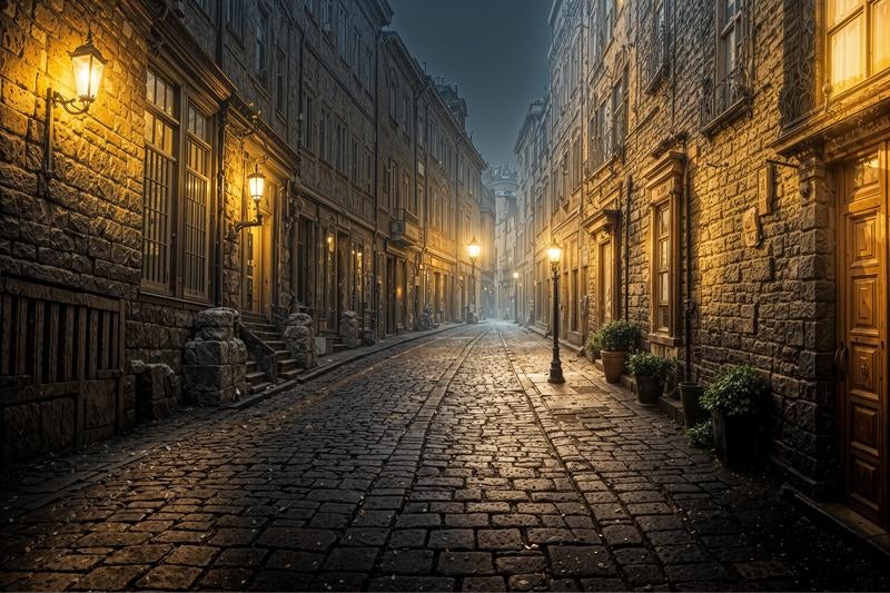 石造りの建物が両脇に並ぶ静かな石畳の路地の写真